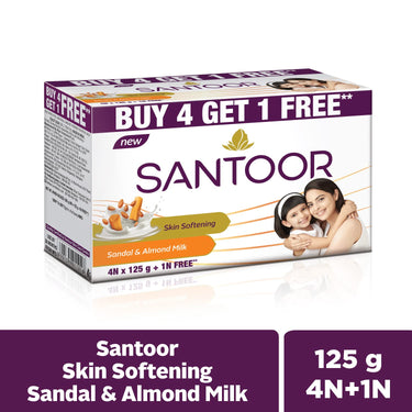 Santoor Skin Softening Sandal & Almond Milk Bathing Soap with Nourishing & Anti-Aging Properties| For Smooth & Soft and Younger-Looking Skin| For All Skin Types| 125g, Pack of 5
